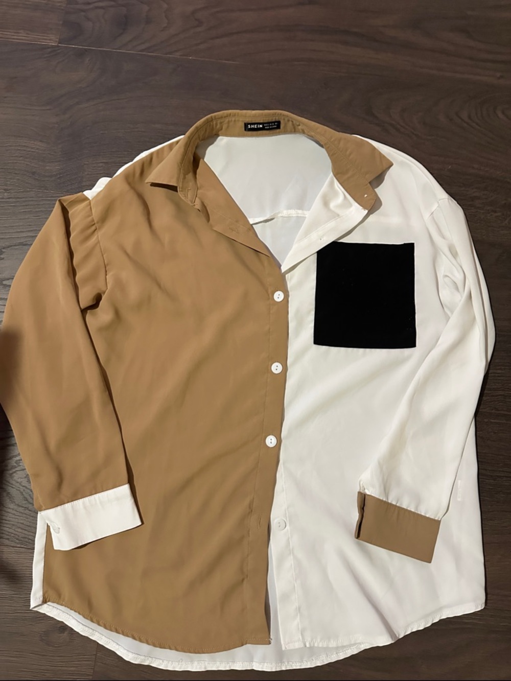 SHEIN Two-Tone Tan and White Button-Down Shirt with Black Pocket